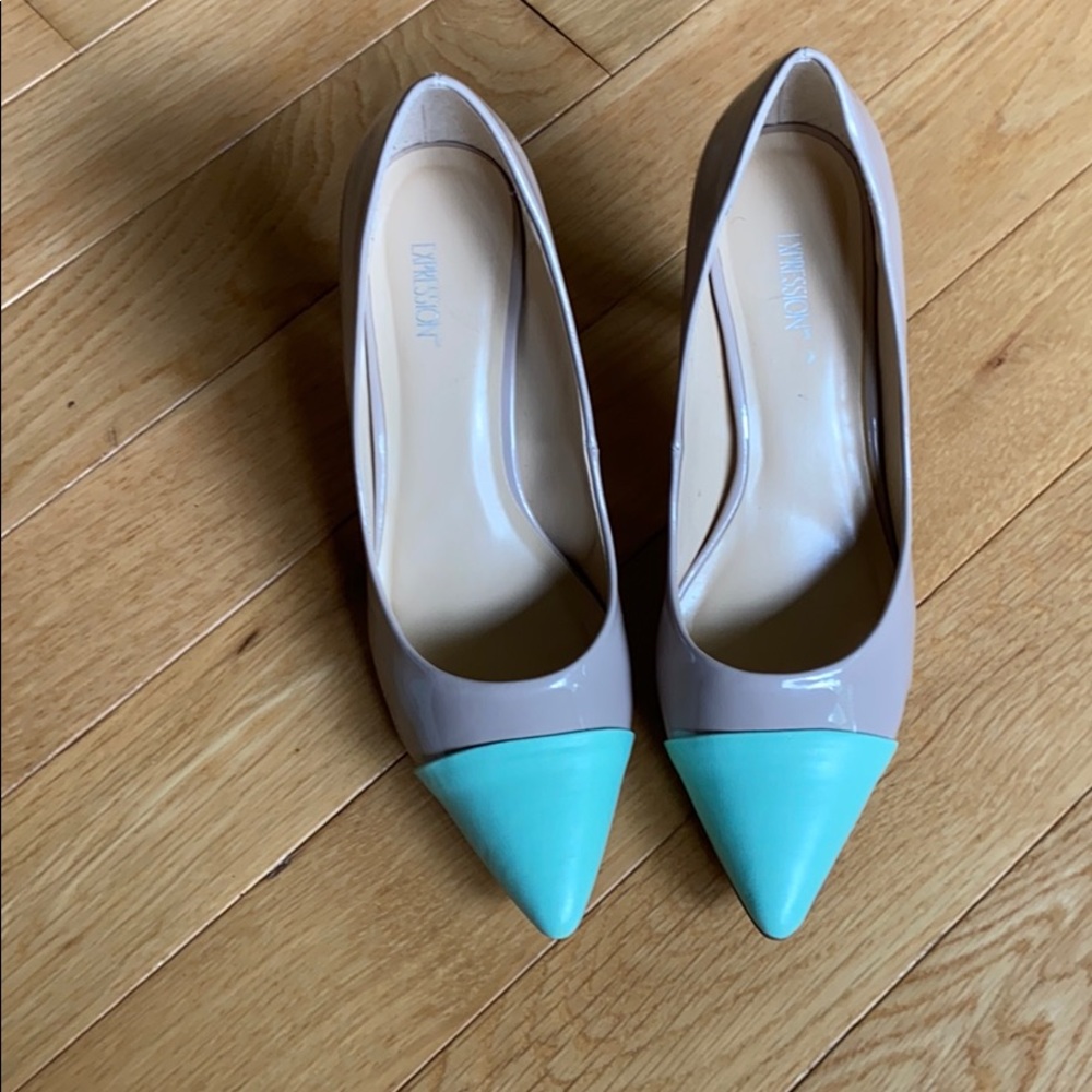 Beige and light green heels